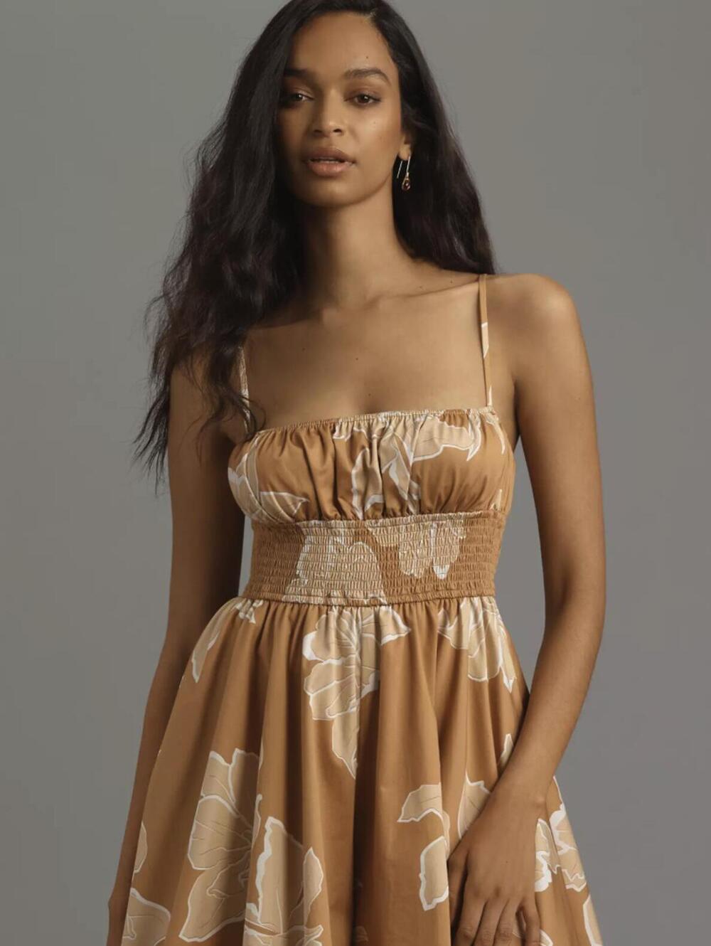 Hutch by Anthropologie Tan Floral Sleeveless Smocked 5" Romper - Size - Small - Picture 2 of 10